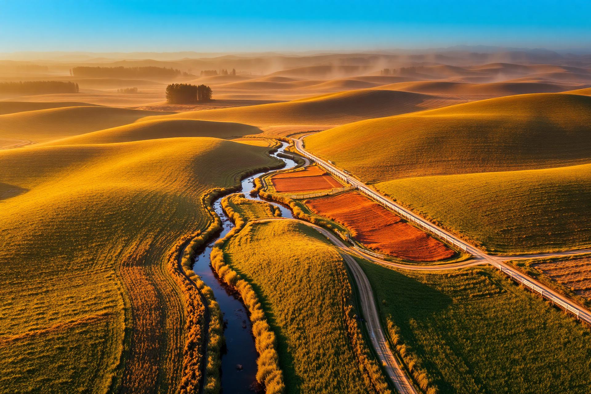 Aerial view of open farmland at golden hour